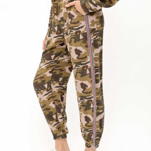 MYSTREE Camo Jogger Pants, Green Brown Drawstring Lounge Pants with Side Stripe - Picture 4 of 8